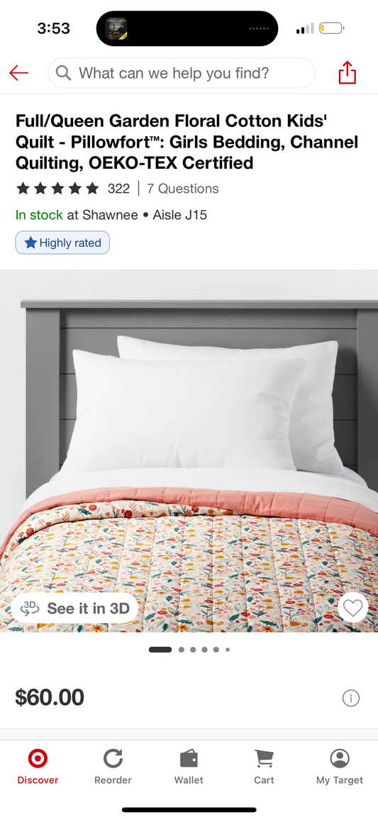 Full/Queen Garden Floral Cotton Kids' Quilt - Pillowfort™: Girls Bedding, Channel Quilting, OEKO-TEX Certified