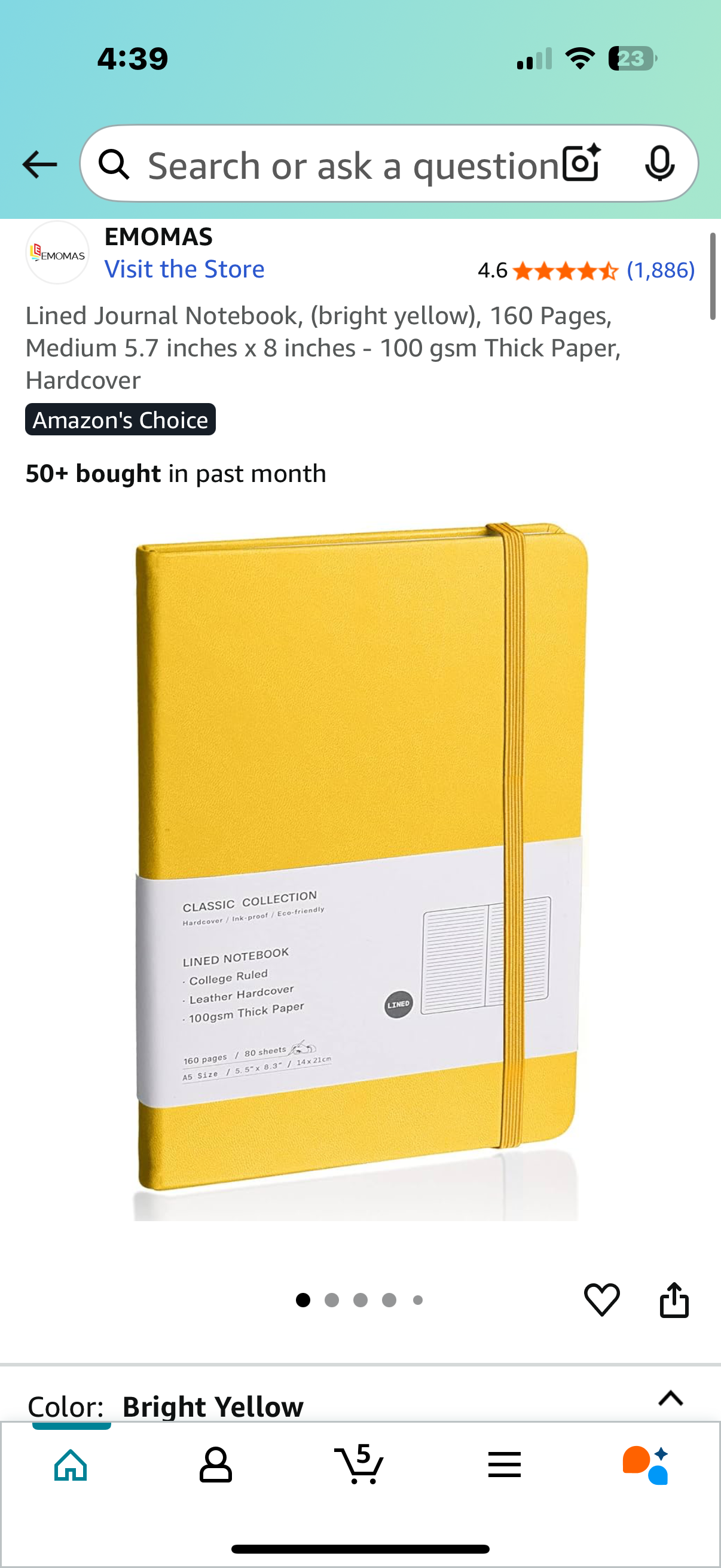 Lined Journal Notebook, (bright yellow), 160 Pages, Medium 5.7 inches x 8 inches - 100 gsm Thick Paper, Hardcover