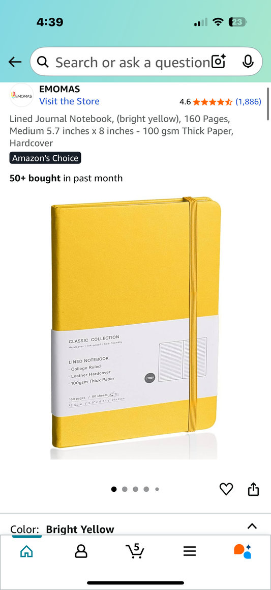 Lined Journal Notebook, (bright yellow), 160 Pages, Medium 5.7 inches x 8 inches - 100 gsm Thick Paper, Hardcover