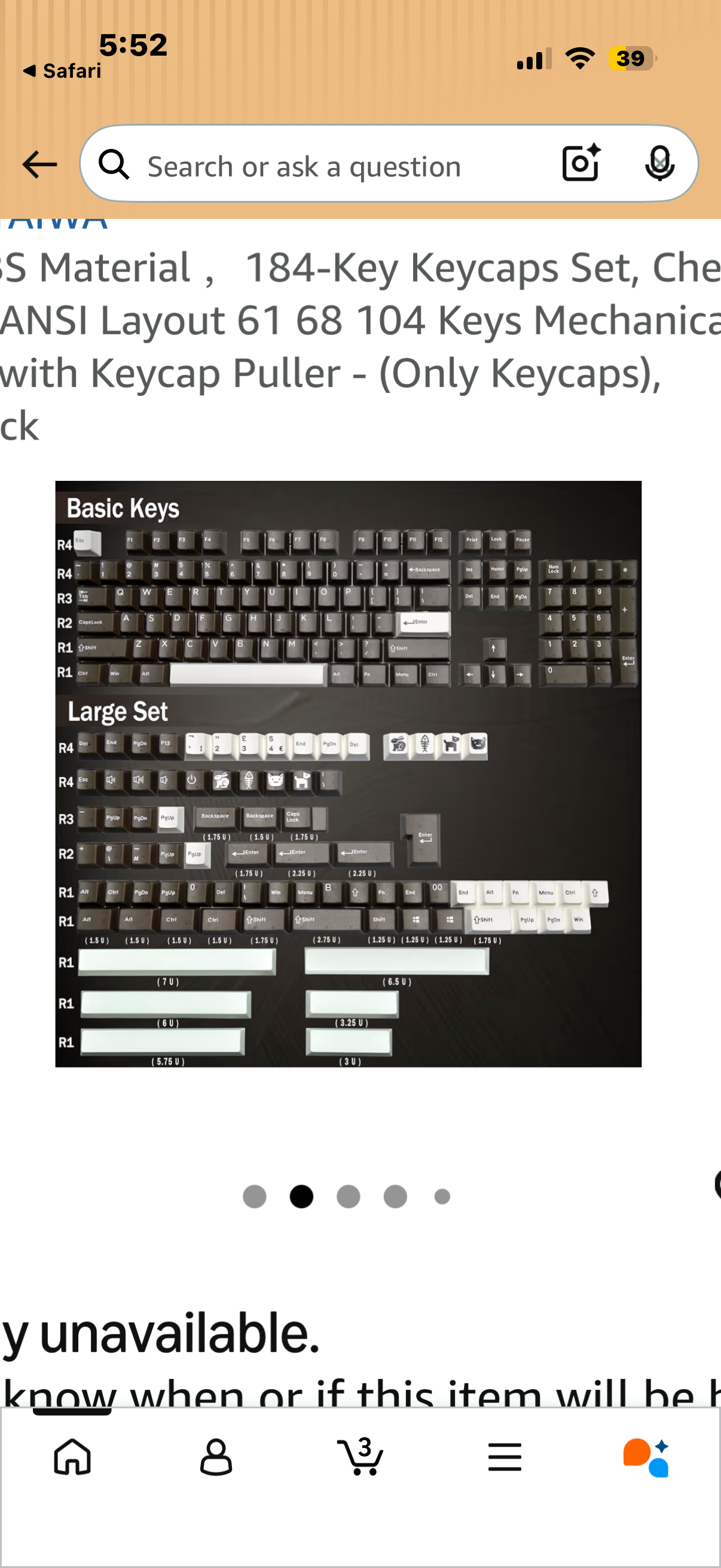 Keycap, ABS Material ，184-Key Keycaps Set, Cherry Profile for ANSI Layout 61 68 104 Keys Mechanical Keyboard, with Keycap Puller - (Only Keycaps), White&Black