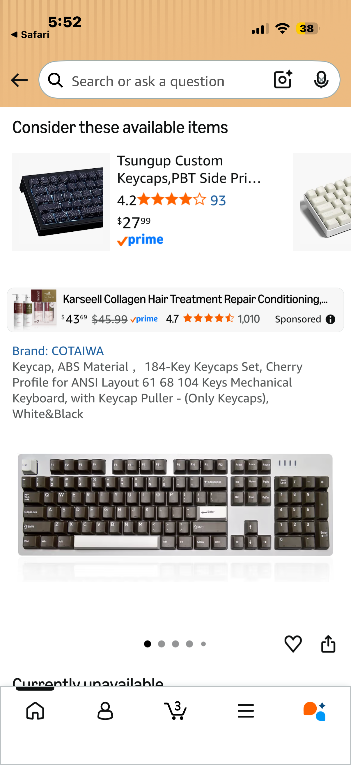 Keycap, ABS Material ，184-Key Keycaps Set, Cherry Profile for ANSI Layout 61 68 104 Keys Mechanical Keyboard, with Keycap Puller - (Only Keycaps), White&Black