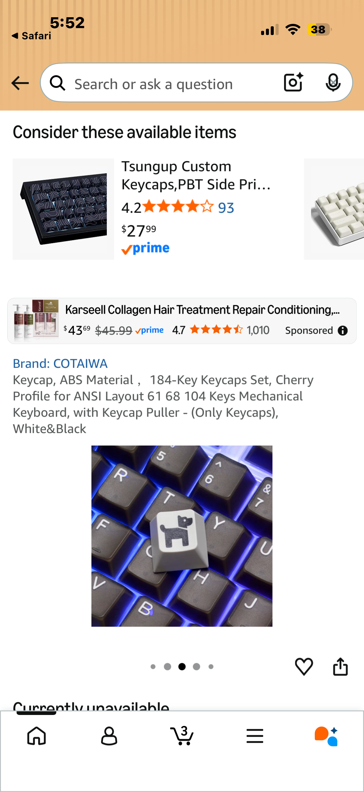 Keycap, ABS Material ，184-Key Keycaps Set, Cherry Profile for ANSI Layout 61 68 104 Keys Mechanical Keyboard, with Keycap Puller - (Only Keycaps), White&Black
