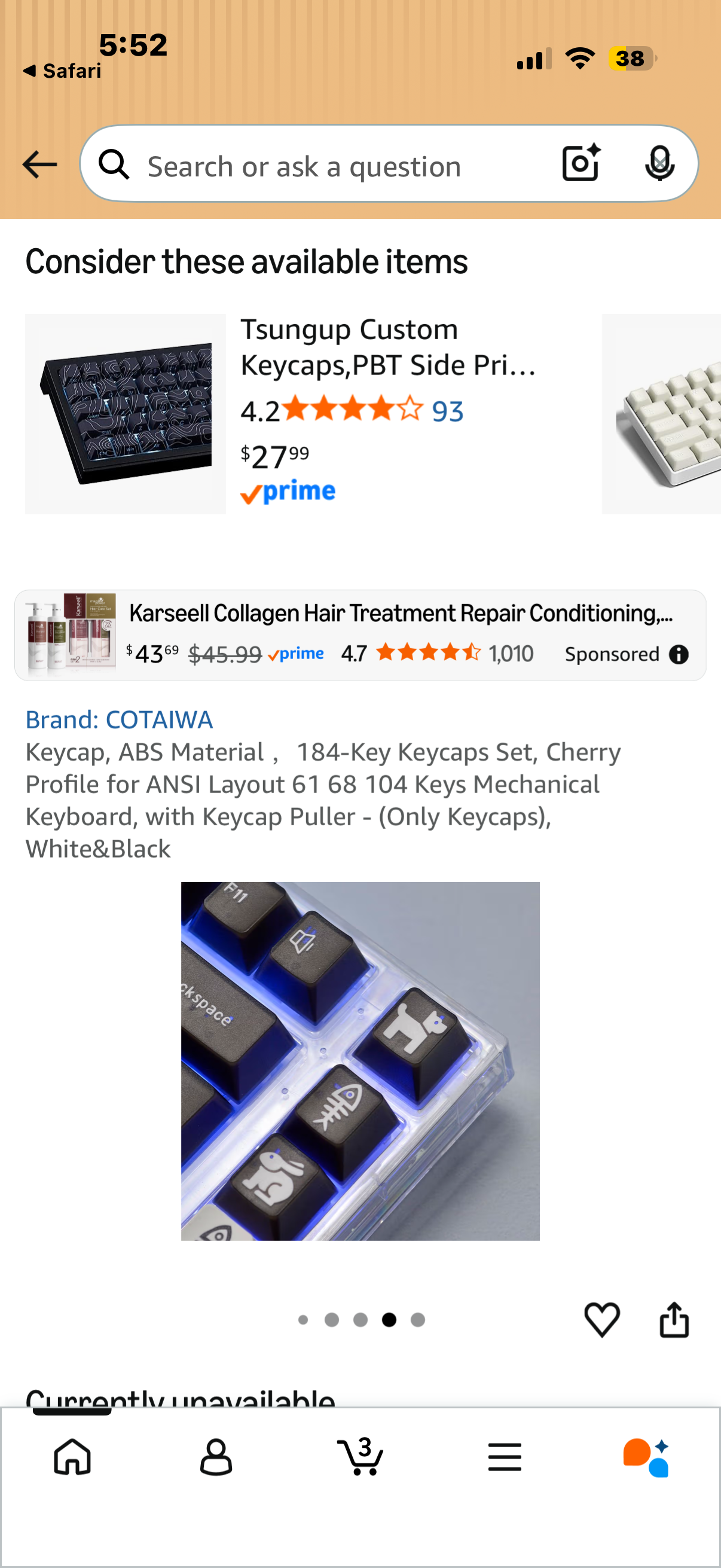 Keycap, ABS Material ，184-Key Keycaps Set, Cherry Profile for ANSI Layout 61 68 104 Keys Mechanical Keyboard, with Keycap Puller - (Only Keycaps), White&Black