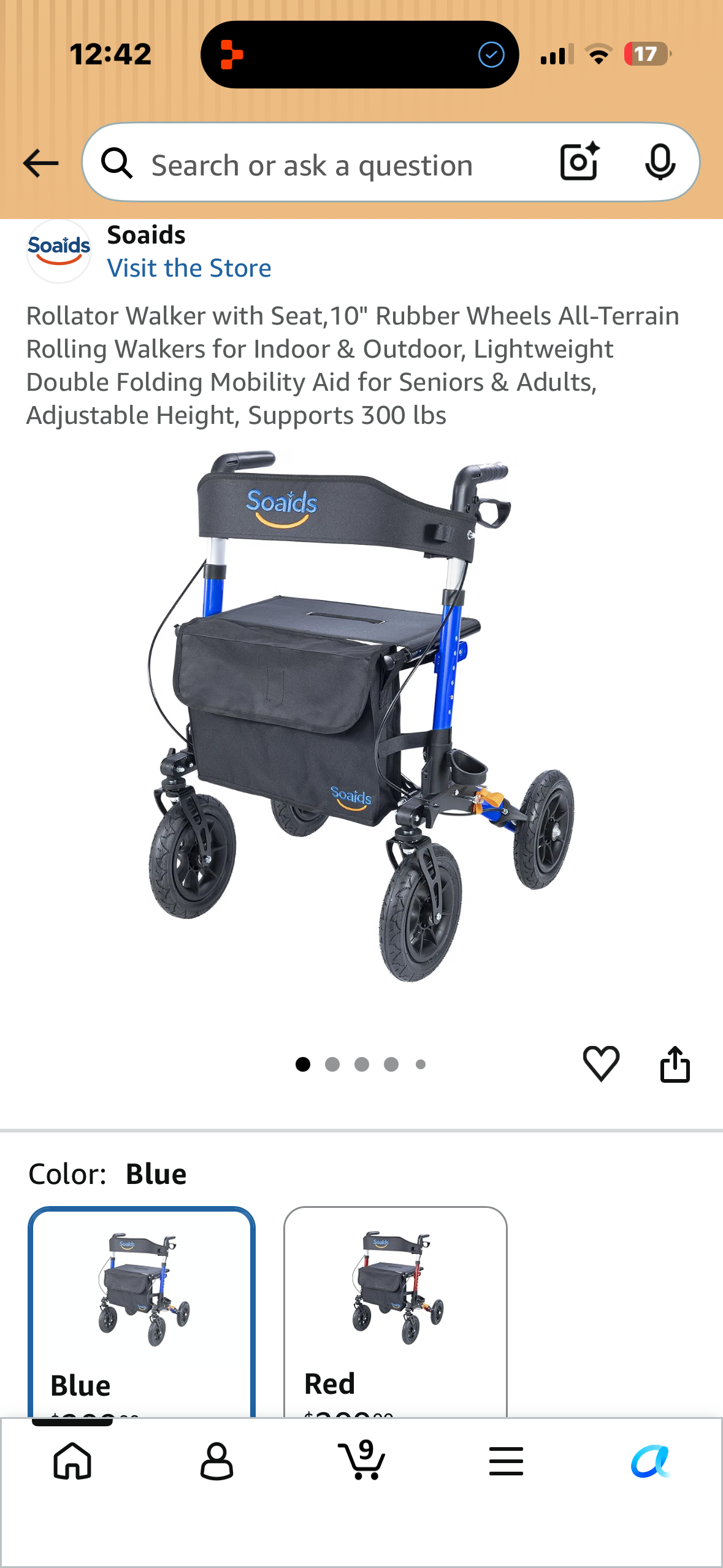Rollator Walker with Seat,10" Rubber Wheels All-Terrain Rolling Walkers for Indoor & Outdoor, Lightweight Double Folding Mobility Aid for Seniors & Adults, Adjustable Height, Supports 300 lbs