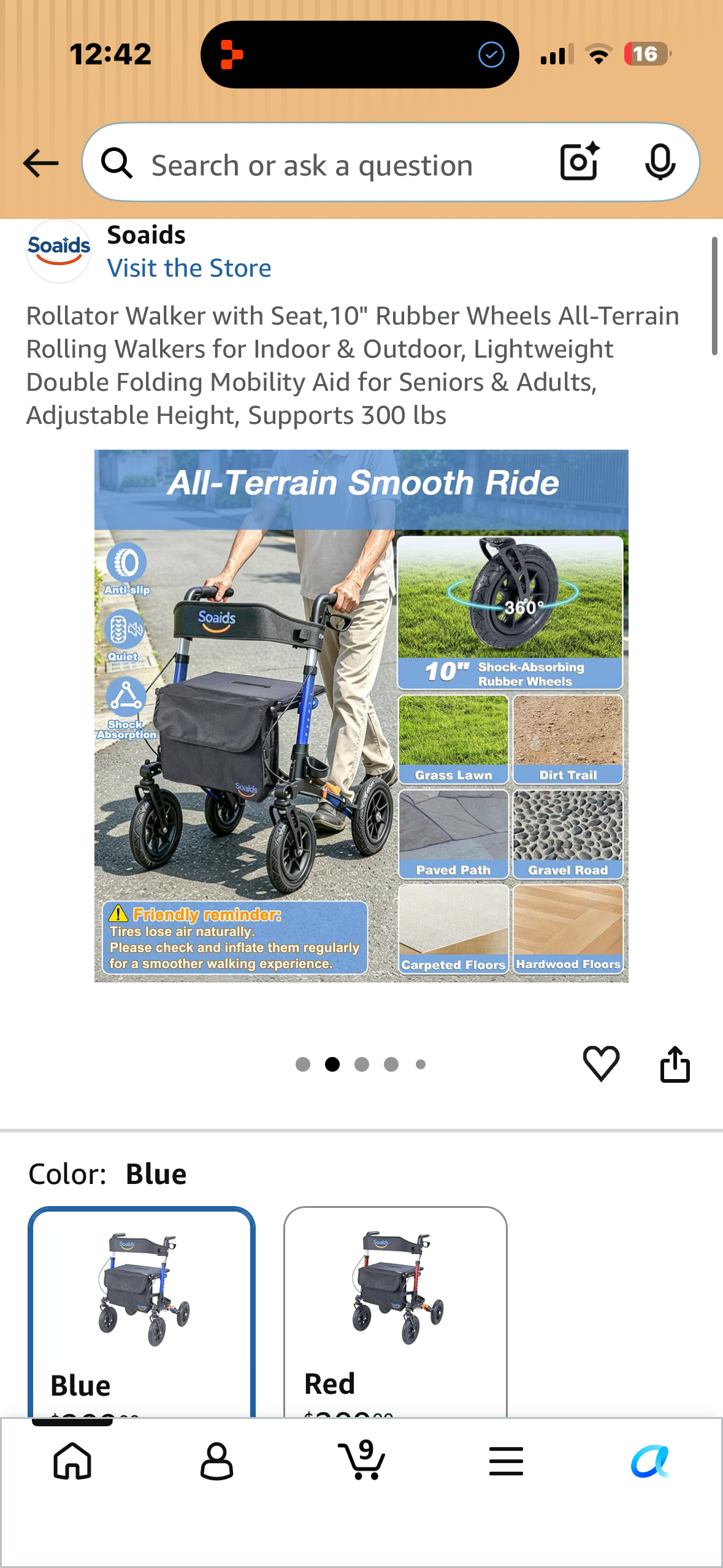 Rollator Walker with Seat,10" Rubber Wheels All-Terrain Rolling Walkers for Indoor & Outdoor, Lightweight Double Folding Mobility Aid for Seniors & Adults, Adjustable Height, Supports 300 lbs