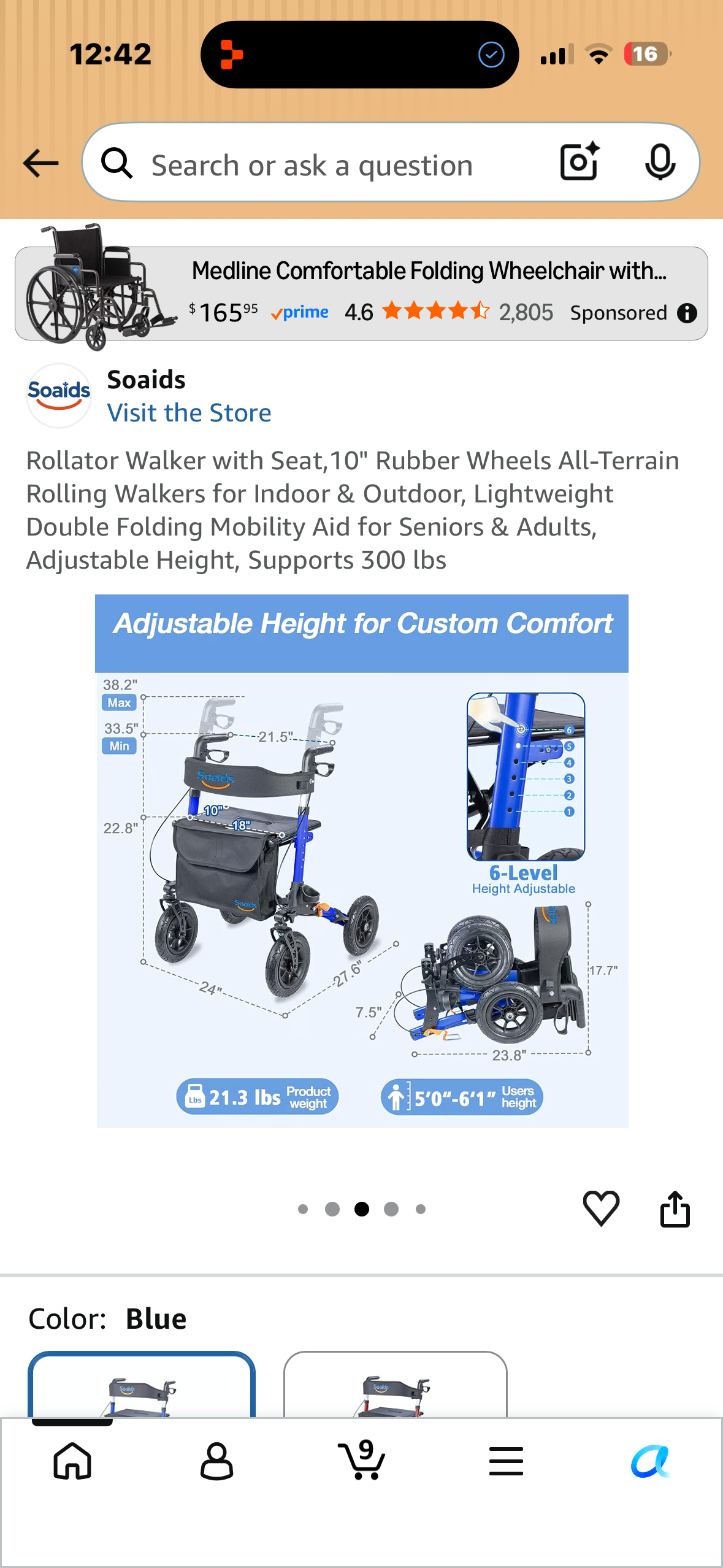 Rollator Walker with Seat,10" Rubber Wheels All-Terrain Rolling Walkers for Indoor & Outdoor, Lightweight Double Folding Mobility Aid for Seniors & Adults, Adjustable Height, Supports 300 lbs