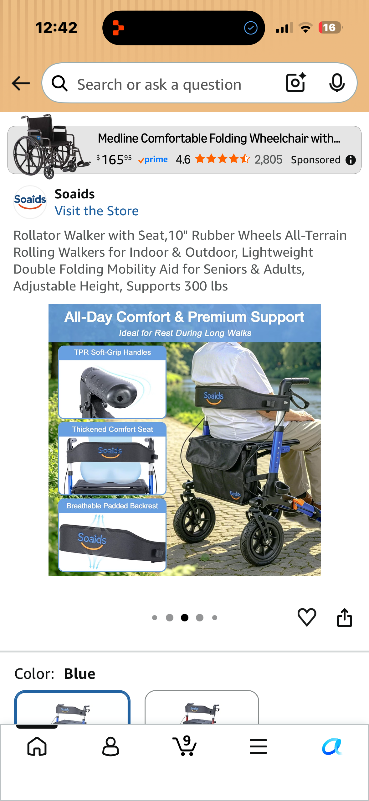 Rollator Walker with Seat,10" Rubber Wheels All-Terrain Rolling Walkers for Indoor & Outdoor, Lightweight Double Folding Mobility Aid for Seniors & Adults, Adjustable Height, Supports 300 lbs
