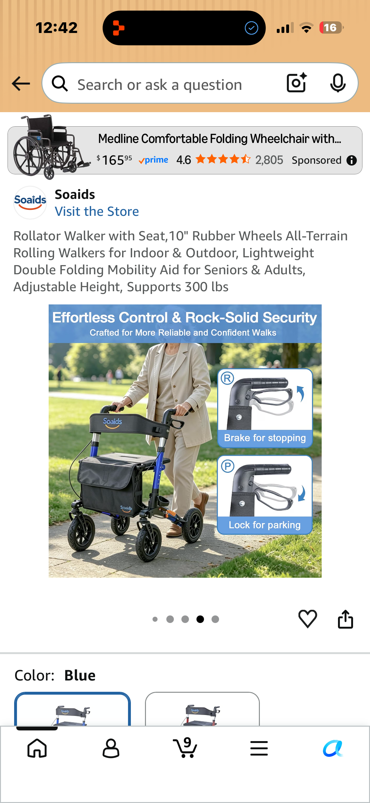 Rollator Walker with Seat,10" Rubber Wheels All-Terrain Rolling Walkers for Indoor & Outdoor, Lightweight Double Folding Mobility Aid for Seniors & Adults, Adjustable Height, Supports 300 lbs