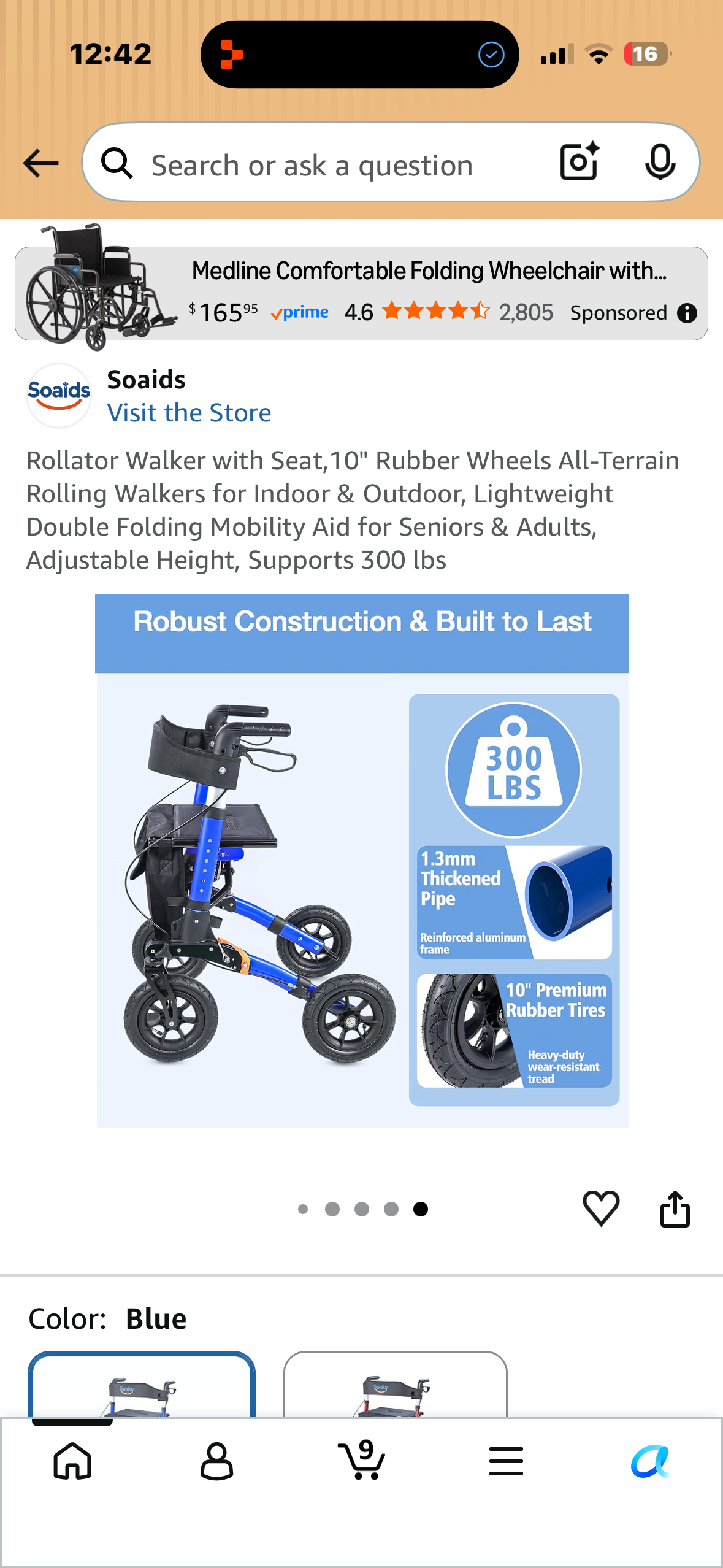 Rollator Walker with Seat,10" Rubber Wheels All-Terrain Rolling Walkers for Indoor & Outdoor, Lightweight Double Folding Mobility Aid for Seniors & Adults, Adjustable Height, Supports 300 lbs