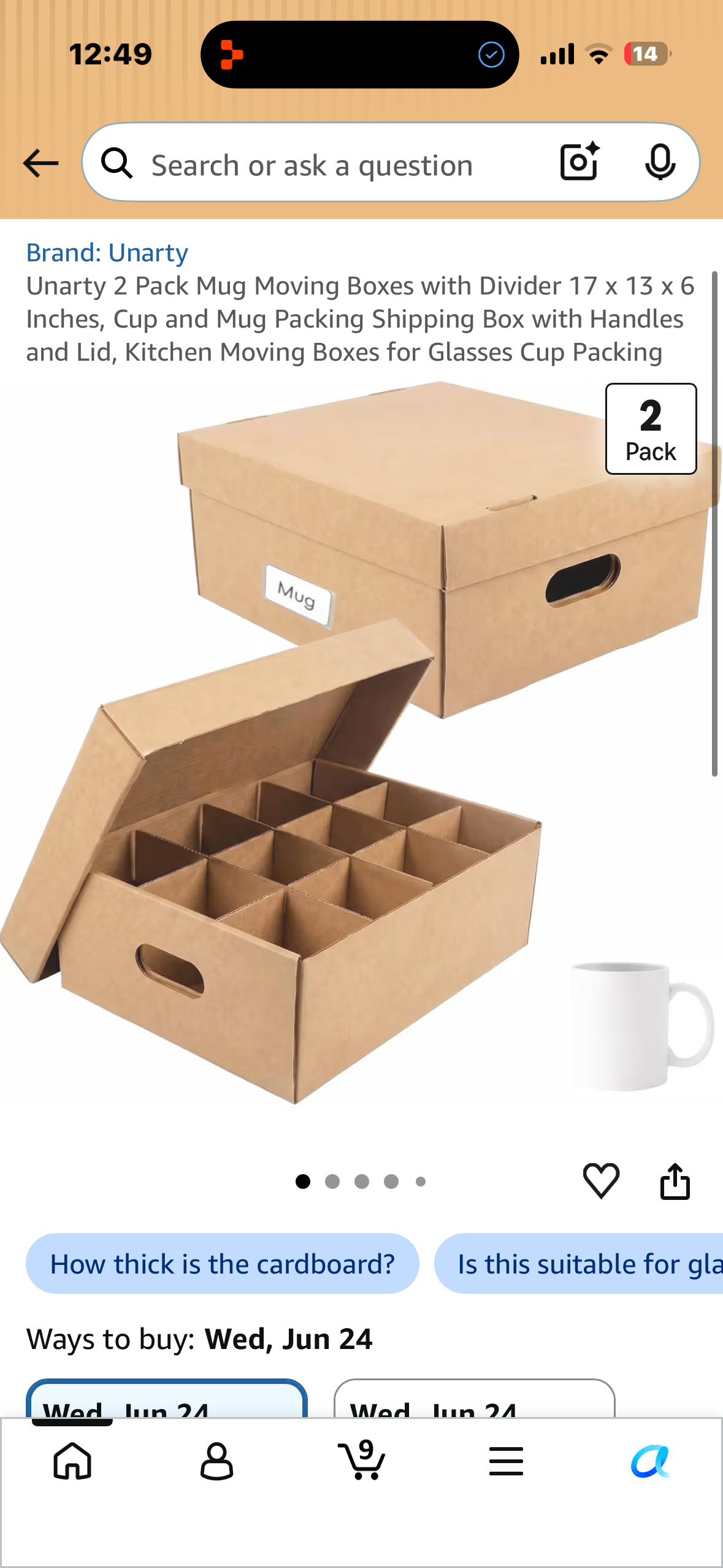 Unarty 2 Pack Mug Moving Boxes with Divider 17 x 13 x 6 Inches, Cup and Mug Packing Shipping Box with Handles and Lid, Kitchen Moving Boxes for Glasses Cup Packing