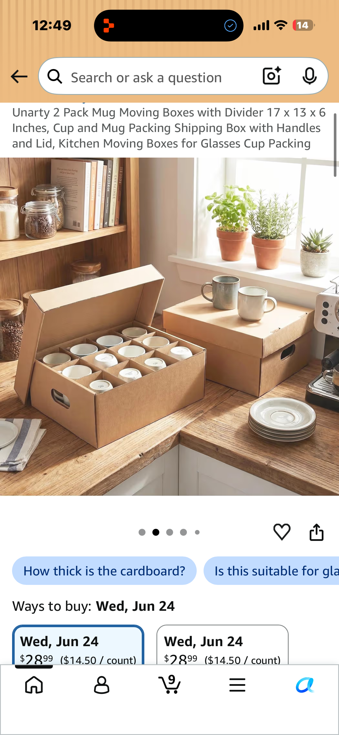 Unarty 2 Pack Mug Moving Boxes with Divider 17 x 13 x 6 Inches, Cup and Mug Packing Shipping Box with Handles and Lid, Kitchen Moving Boxes for Glasses Cup Packing