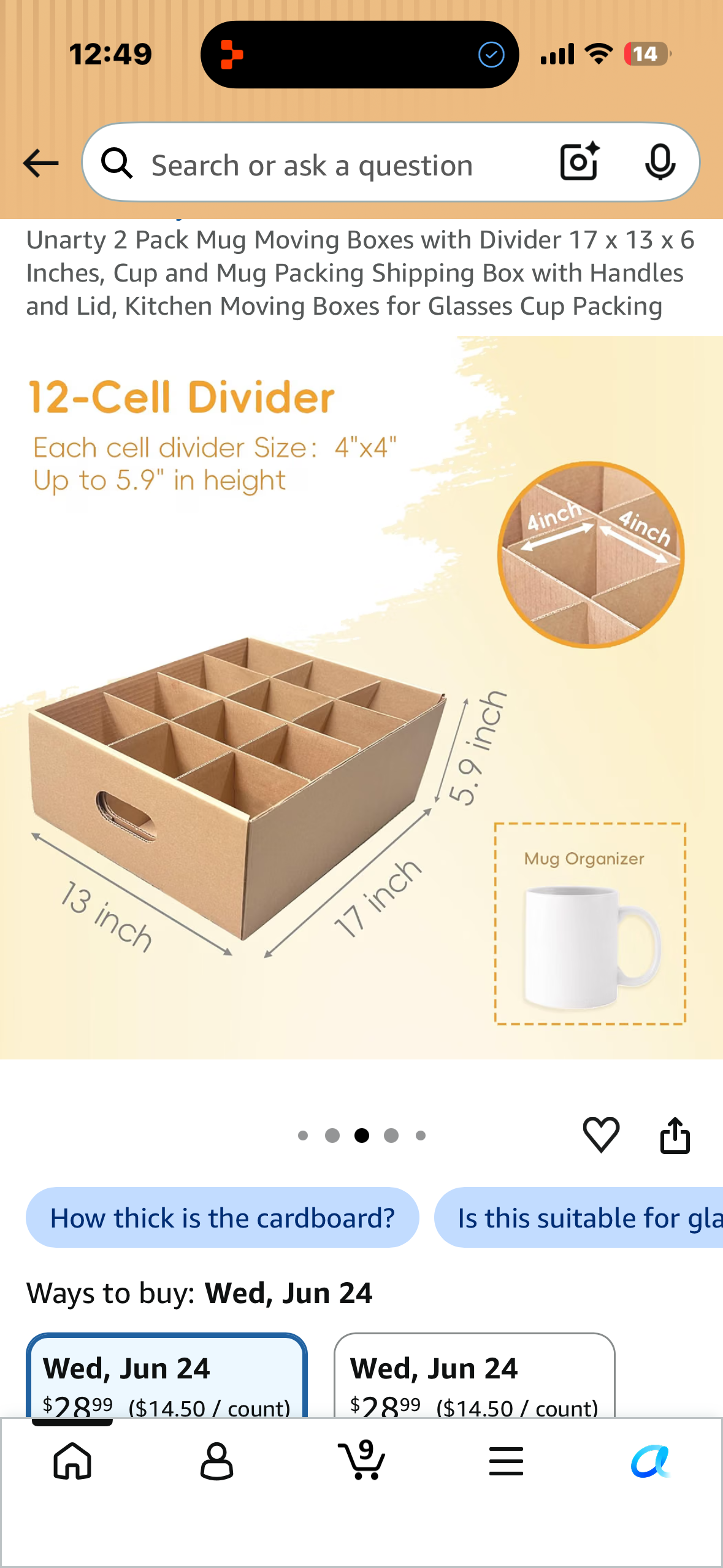 Unarty 2 Pack Mug Moving Boxes with Divider 17 x 13 x 6 Inches, Cup and Mug Packing Shipping Box with Handles and Lid, Kitchen Moving Boxes for Glasses Cup Packing