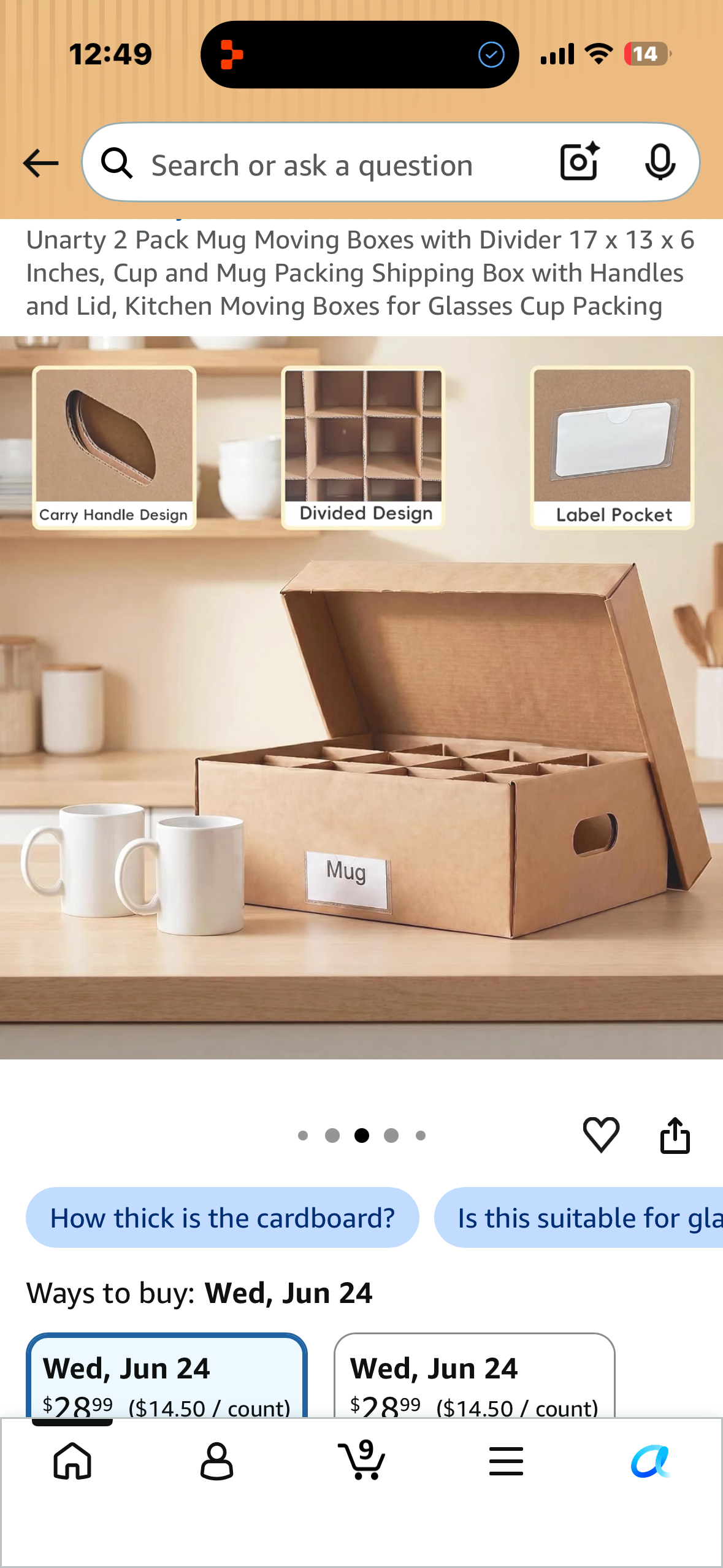 Unarty 2 Pack Mug Moving Boxes with Divider 17 x 13 x 6 Inches, Cup and Mug Packing Shipping Box with Handles and Lid, Kitchen Moving Boxes for Glasses Cup Packing