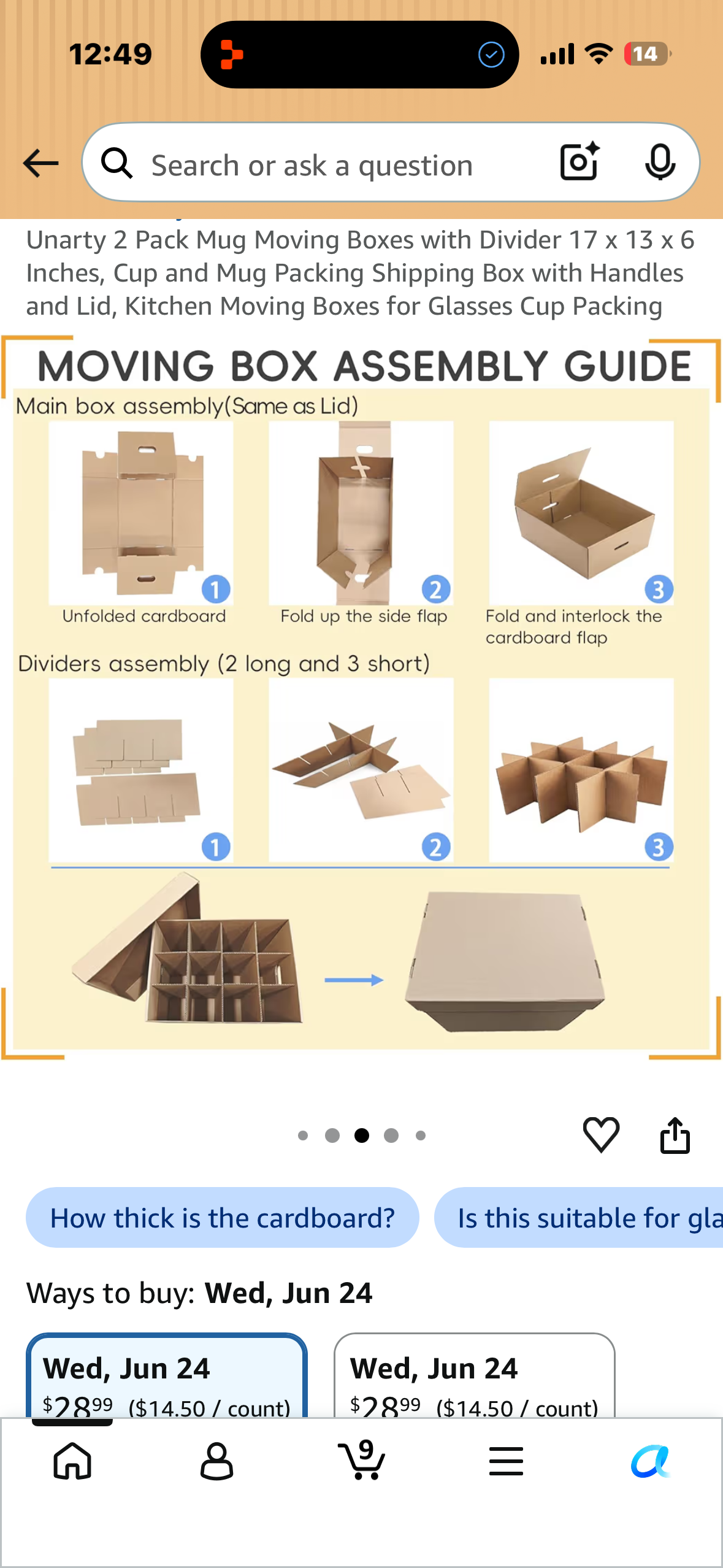 Unarty 2 Pack Mug Moving Boxes with Divider 17 x 13 x 6 Inches, Cup and Mug Packing Shipping Box with Handles and Lid, Kitchen Moving Boxes for Glasses Cup Packing