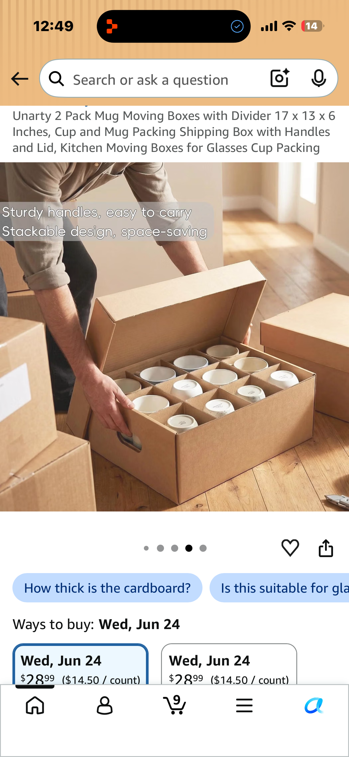 Unarty 2 Pack Mug Moving Boxes with Divider 17 x 13 x 6 Inches, Cup and Mug Packing Shipping Box with Handles and Lid, Kitchen Moving Boxes for Glasses Cup Packing