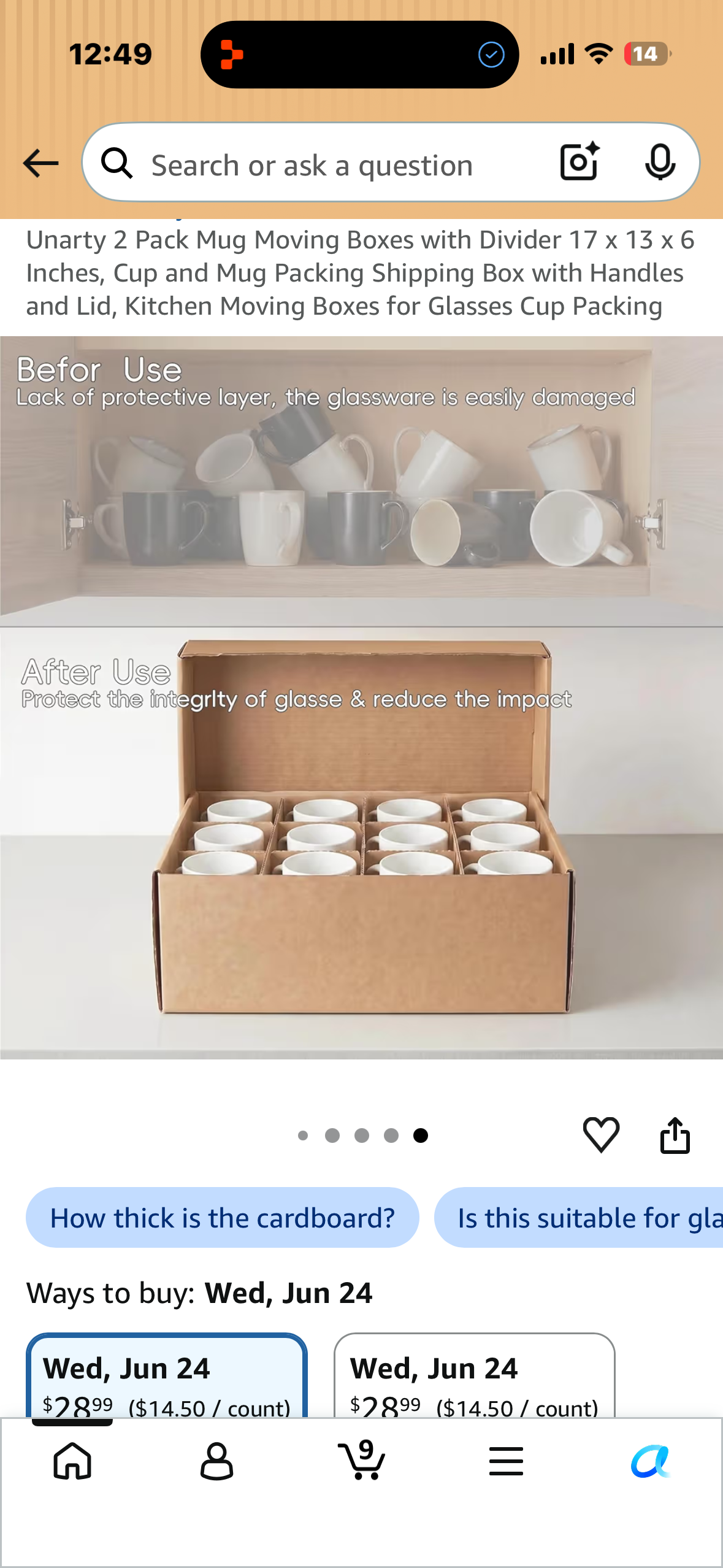 Unarty 2 Pack Mug Moving Boxes with Divider 17 x 13 x 6 Inches, Cup and Mug Packing Shipping Box with Handles and Lid, Kitchen Moving Boxes for Glasses Cup Packing