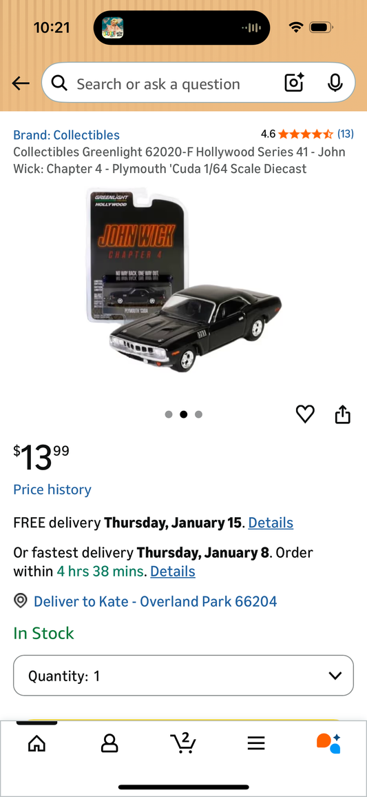 Collectibles John Wick: Chapter 4 - Plymouth 'Cuda 1/64 Scale Diecast