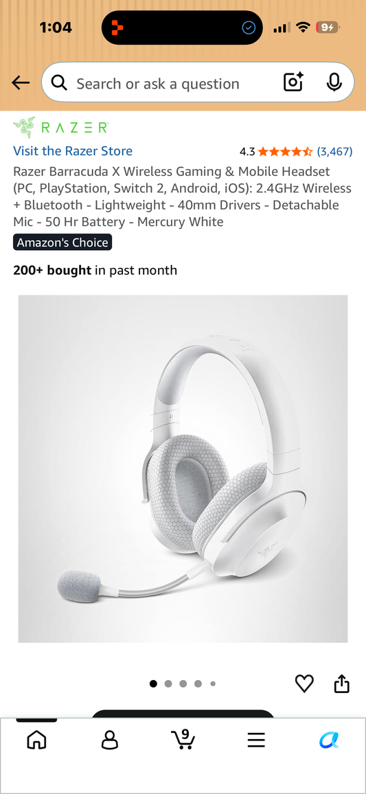 Razer Barracuda X Wireless Gaming & Mobile Headset (PC, PlayStation, Switch 2, Android, iOS): 2.4GHz Wireless + Bluetooth - Lightweight - 40mm Drivers - Detachable Mic - 50 Hr Battery - Mercury White
