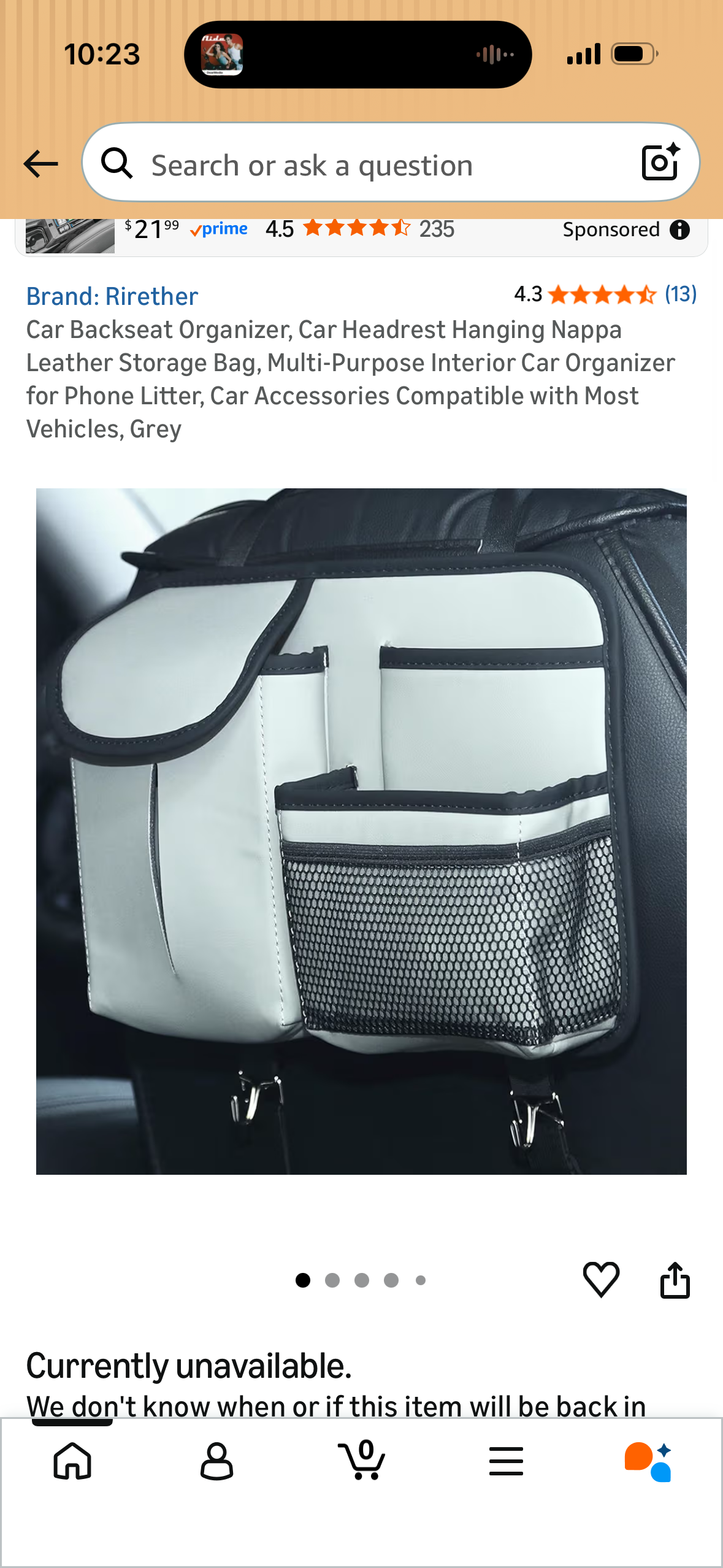 Car Backseat Organizer, Car Headrest Hanging Nappa Leather Storage Bag, Multi-Purpose Interior Car Organizer for Phone Litter, Car Accessories Compatible with Most Vehicles, Grey