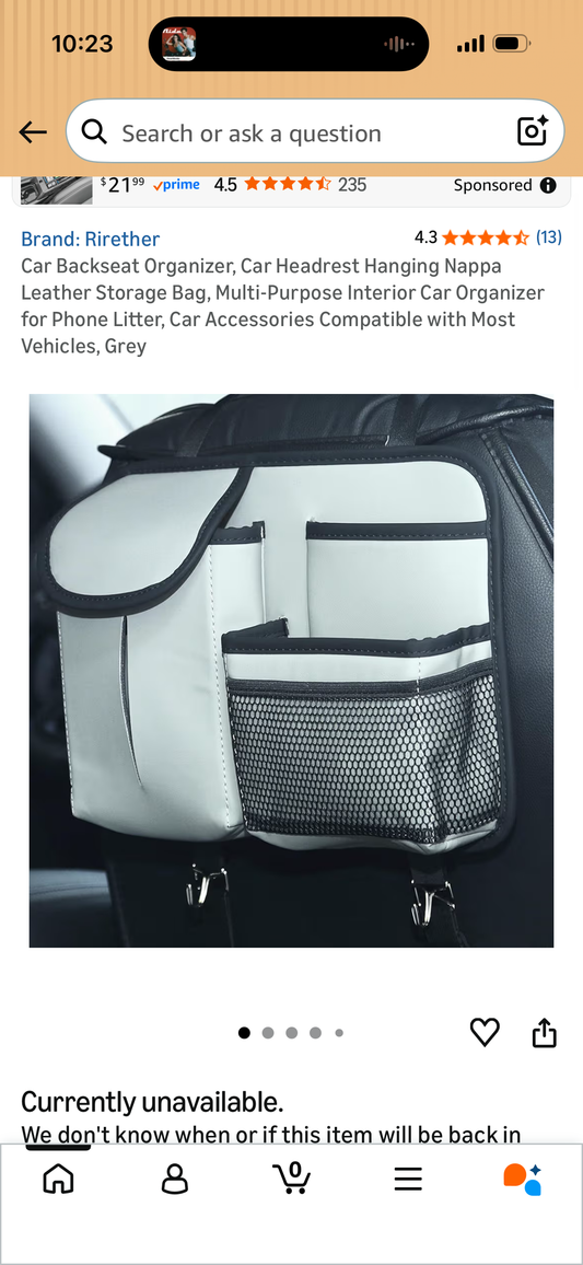 Car Backseat Organizer, Car Headrest Hanging Nappa Leather Storage Bag, Multi-Purpose Interior Car Organizer for Phone Litter, Car Accessories Compatible with Most Vehicles, Grey
