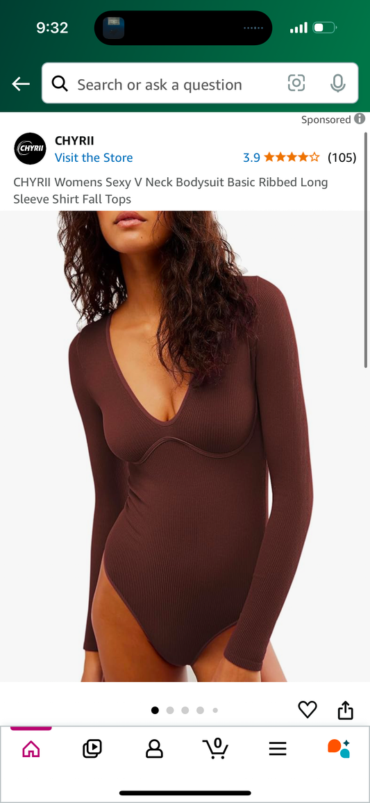 Womens V-Neck Bodysuit Basic Ribbed Long Sleeve (Brown, Large)