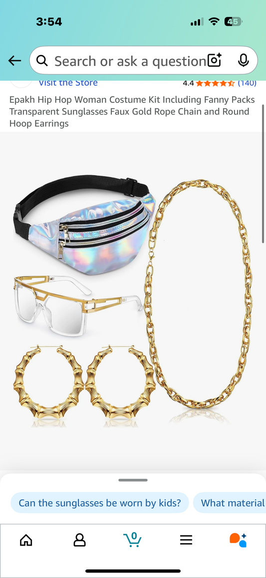 Hip Hop Woman Costume Kit Including Fanny Packs Transparent Sunglasses Faux Gold Rope Chain and Round Hoop Earrings