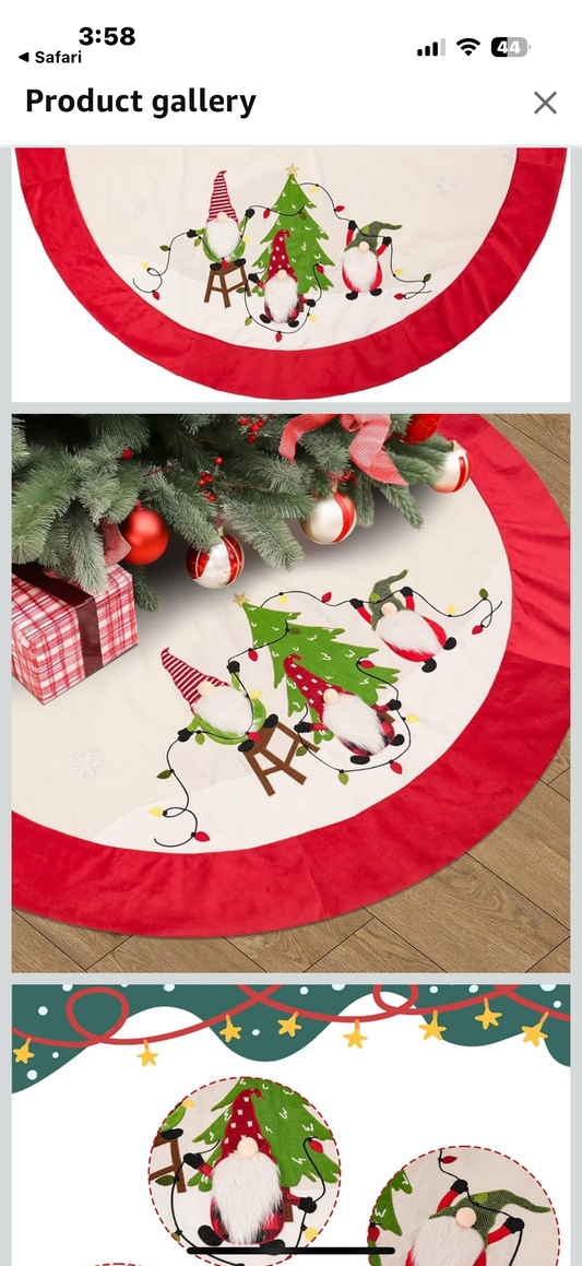 LEVKIDS 32 Inch Burlap Christmas Tree Skirt with Red Border, Christmas Gnomes and String Lights Pattern, Xmas Holiday Party Decoration Ornaments