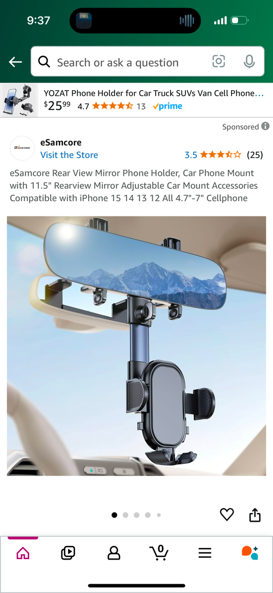 eSamcore Rear View Mirror Phone Holder, Car Phone Mount with 11.5" Rearview Mirror Adjustable Car Mount Accessories Compatible with iPhone 15 14 13 12 All 4.7"-7" Cellphone