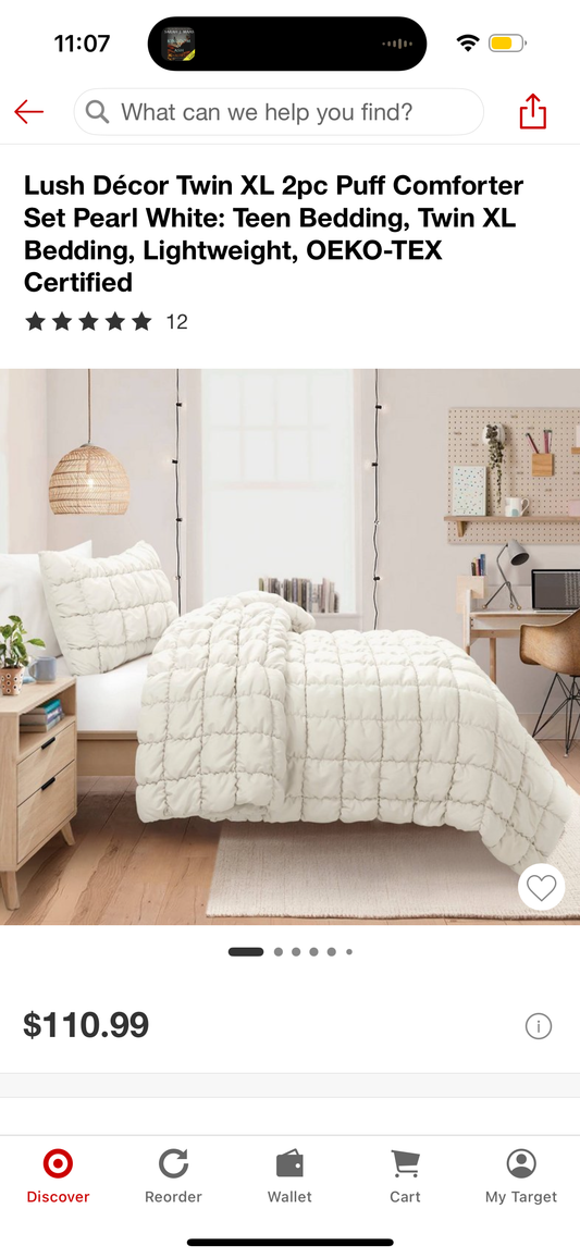 Lush Décor Twin XL 2pc Puff Comforter Set Pearl White: Teen Bedding, Twin XL Bedding, Lightweight, OEKO-TEX Certified