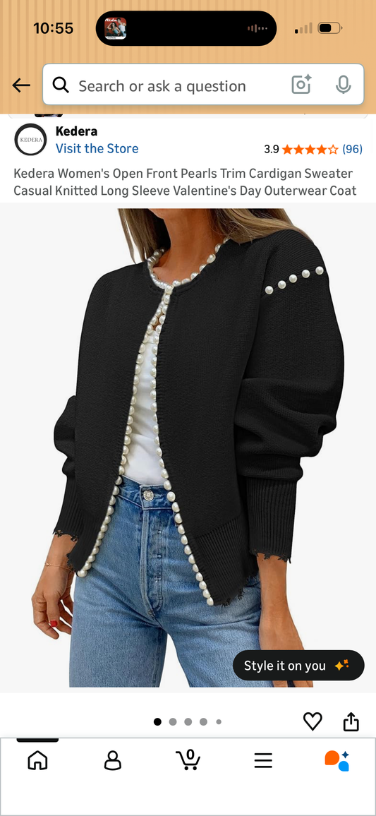 Kedera Women's Open Front Pearls Trim Cardigan Sweater (Size Medium)