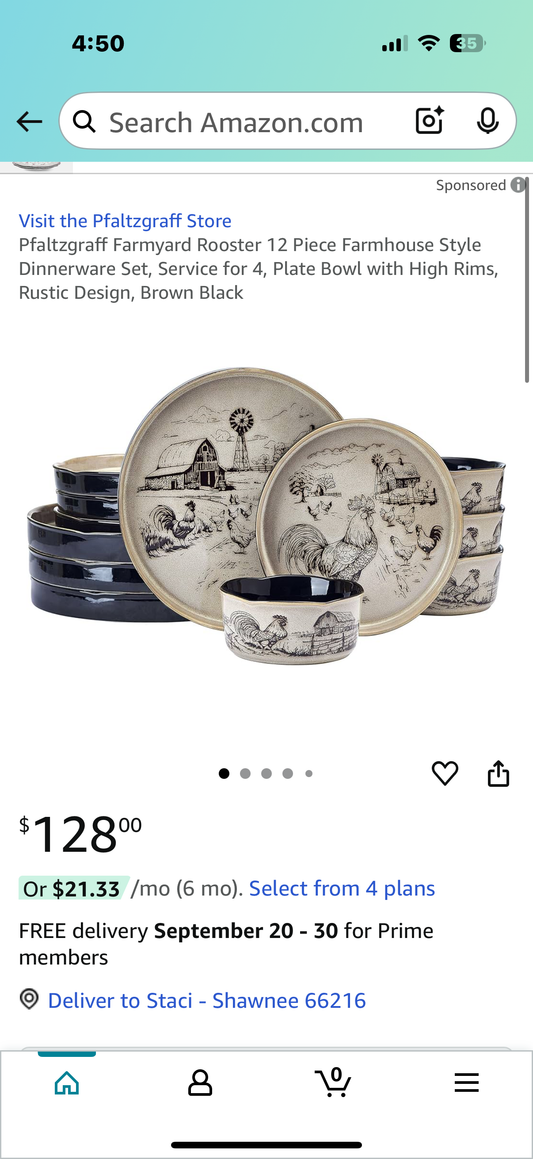 Pfaltzgraff Farmyard Rooster 12 Piece Farmhouse Style Dinnerware Set, Service for 4, Plate Bowl with High Rims, Rustic Design, Brown Black