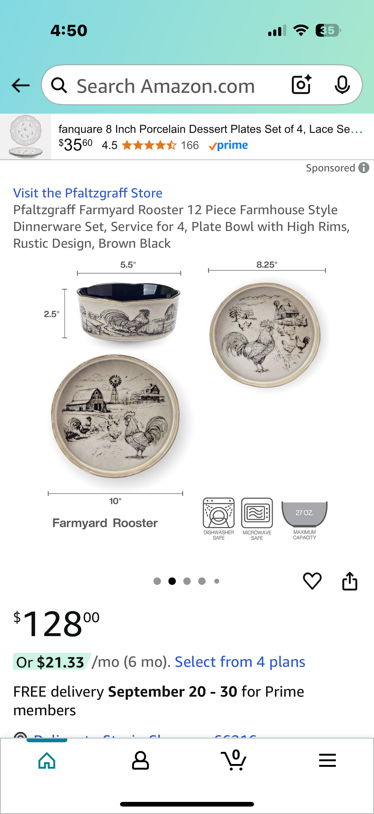 Pfaltzgraff Farmyard Rooster 12 Piece Farmhouse Style Dinnerware Set, Service for 4, Plate Bowl with High Rims, Rustic Design, Brown Black