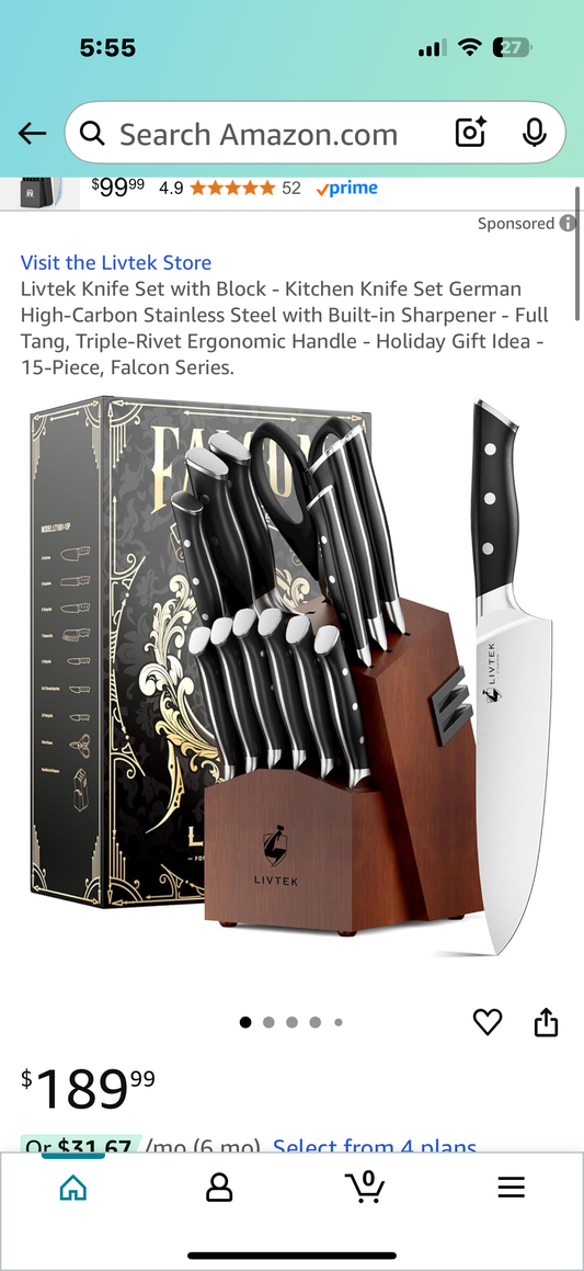 Livtek Knife Set with Block - Kitchen Knife Set German High-Carbon Stainless Steel with Built-in Sharpener - Full Tang, Triple-Rivet Ergonomic Handle - Holiday Gift Idea - 15-Piece, Falcon Series