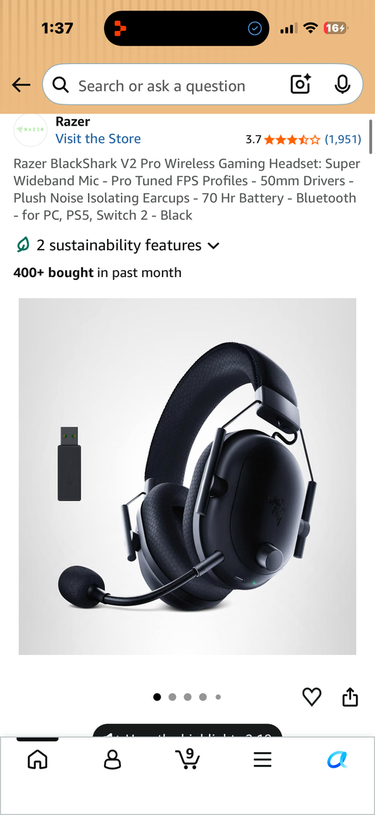 Razer BlackShark V2 Pro Wireless Gaming Headset: Super Wideband Mic - Pro Tuned FPS Profiles - 50mm Drivers - Plush Noise Isolating Earcups - 70 Hr Battery - Bluetooth - for PC, PS5, Switch 2 - Black