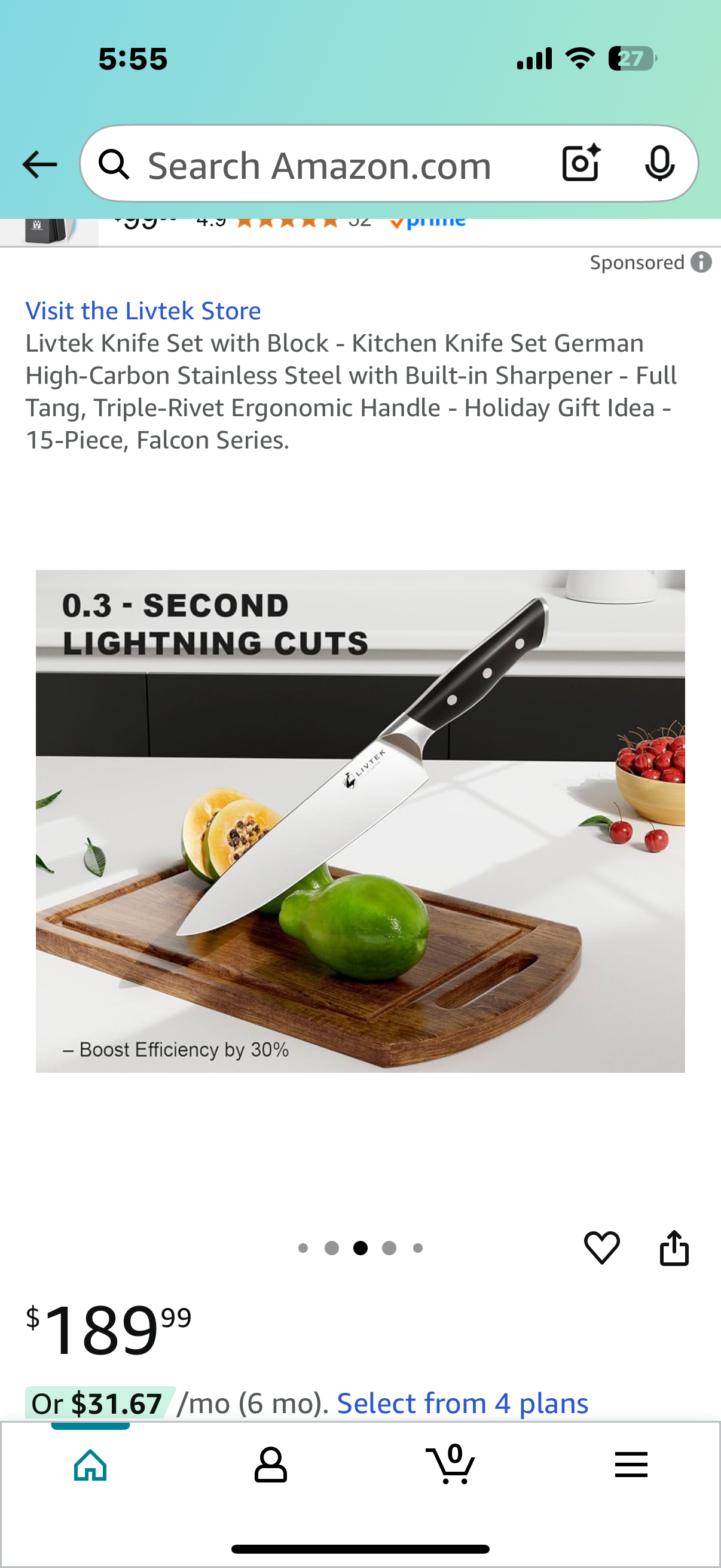 Livtek Knife Set with Block - Kitchen Knife Set German High-Carbon Stainless Steel with Built-in Sharpener - Full Tang, Triple-Rivet Ergonomic Handle - Holiday Gift Idea - 15-Piece, Falcon Series
