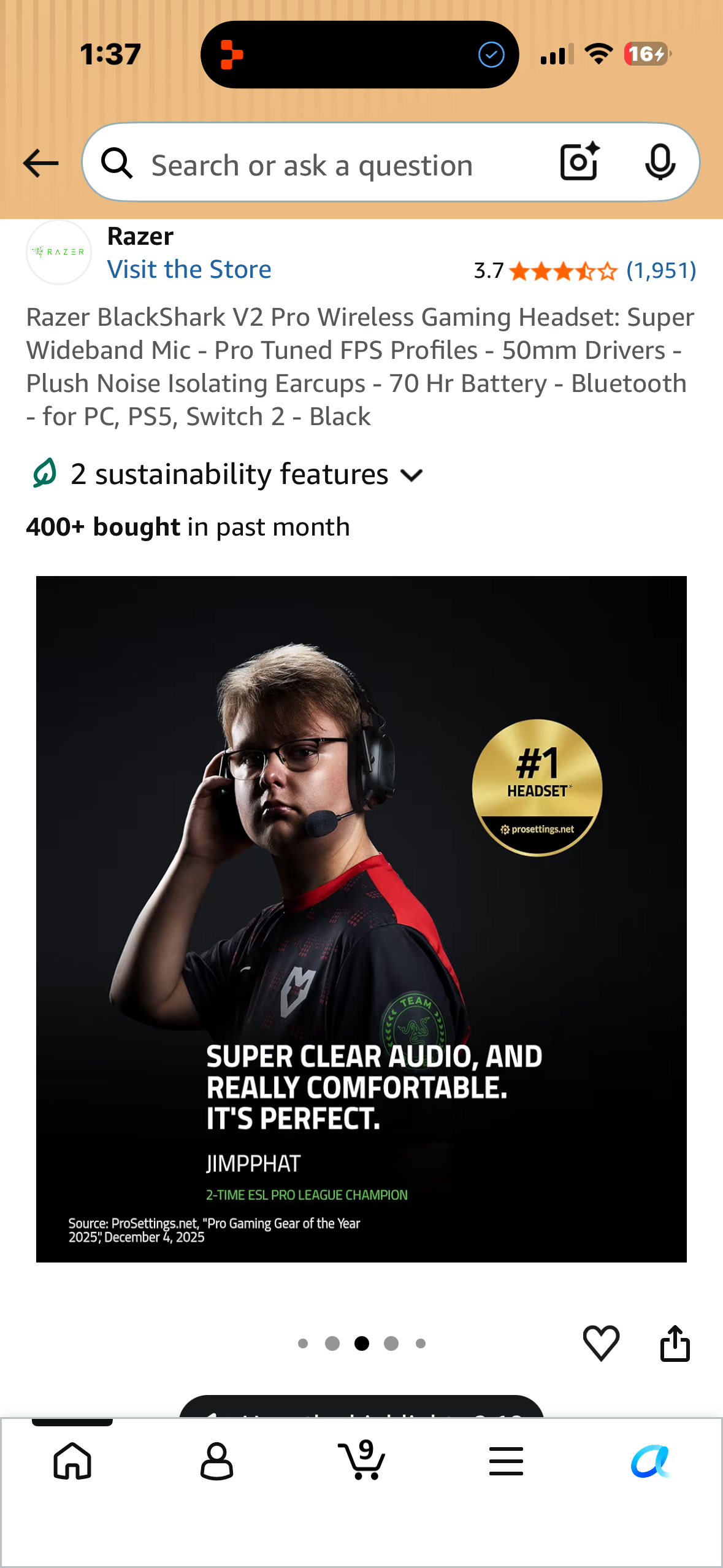 Razer BlackShark V2 Pro Wireless Gaming Headset: Super Wideband Mic - Pro Tuned FPS Profiles - 50mm Drivers - Plush Noise Isolating Earcups - 70 Hr Battery - Bluetooth - for PC, PS5, Switch 2 - Black