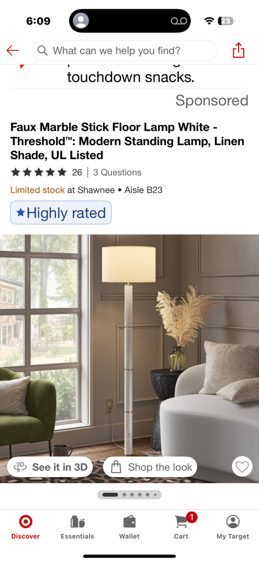 Faux Marble Stick Floor Lamp White - Threshold™: Modern Standing Lamp, Linen Shade, UL Listed