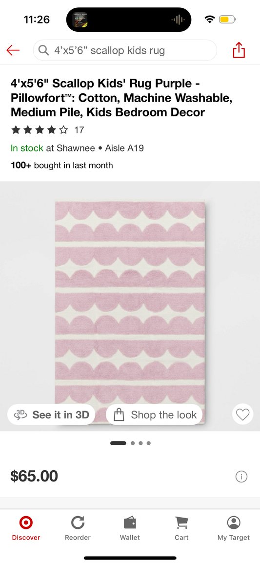 4'x5'6" Scallop Kids' Rug Purple - Pillowfort™: Cotton, Machine Washable, Medium Pile, Kids Bedroom Decor