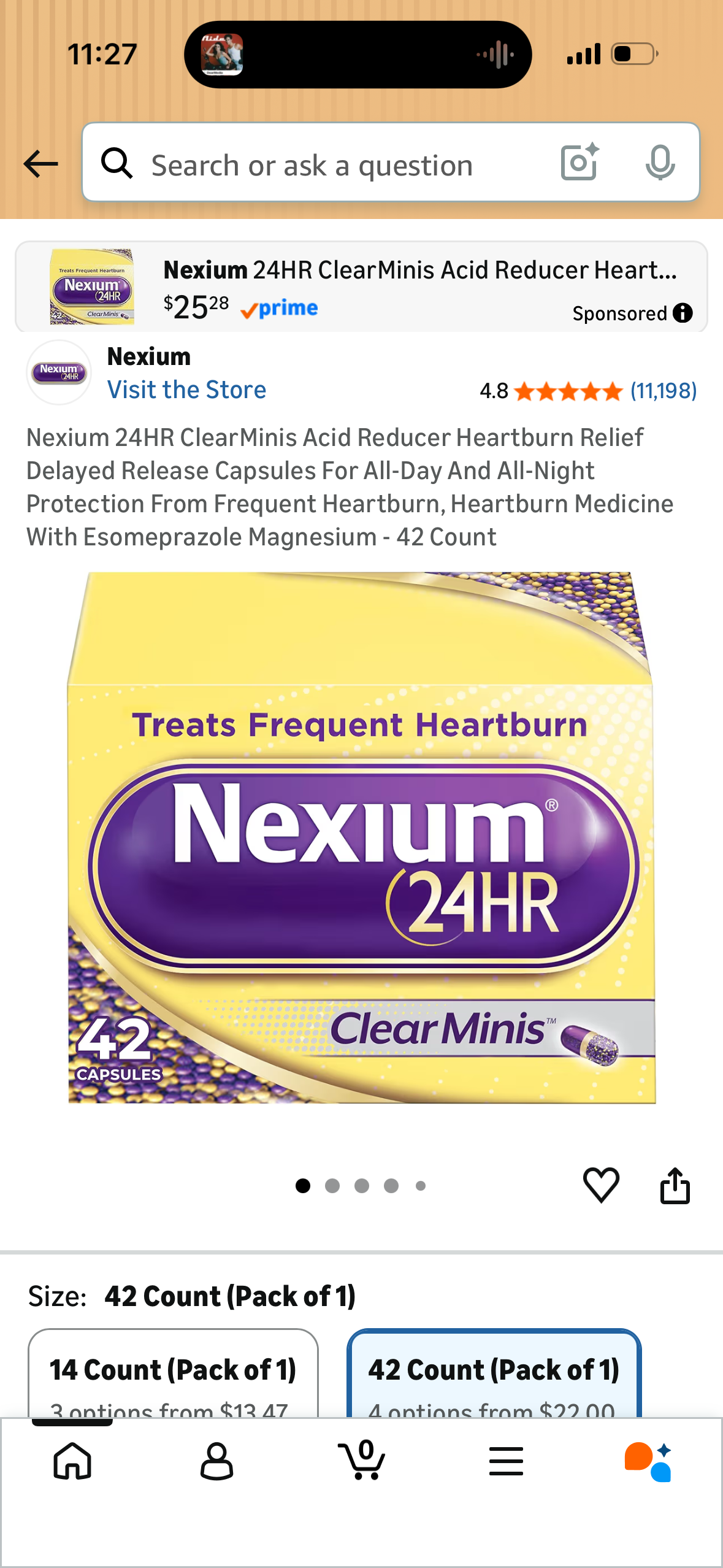 Nexium 24HR ClearMinis Acid Reducer Heartburn Relief Delayed Release Capsules For All-Day And All-Night Protection From Frequent Heartburn, Heartburn Medicine With Esomeprazole Magnesium - 42 Count