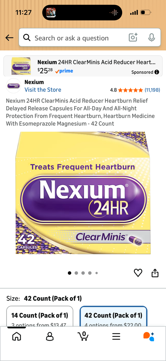 Nexium 24HR ClearMinis Acid Reducer Heartburn Relief Delayed Release Capsules For All-Day And All-Night Protection From Frequent Heartburn, Heartburn Medicine With Esomeprazole Magnesium - 42 Count