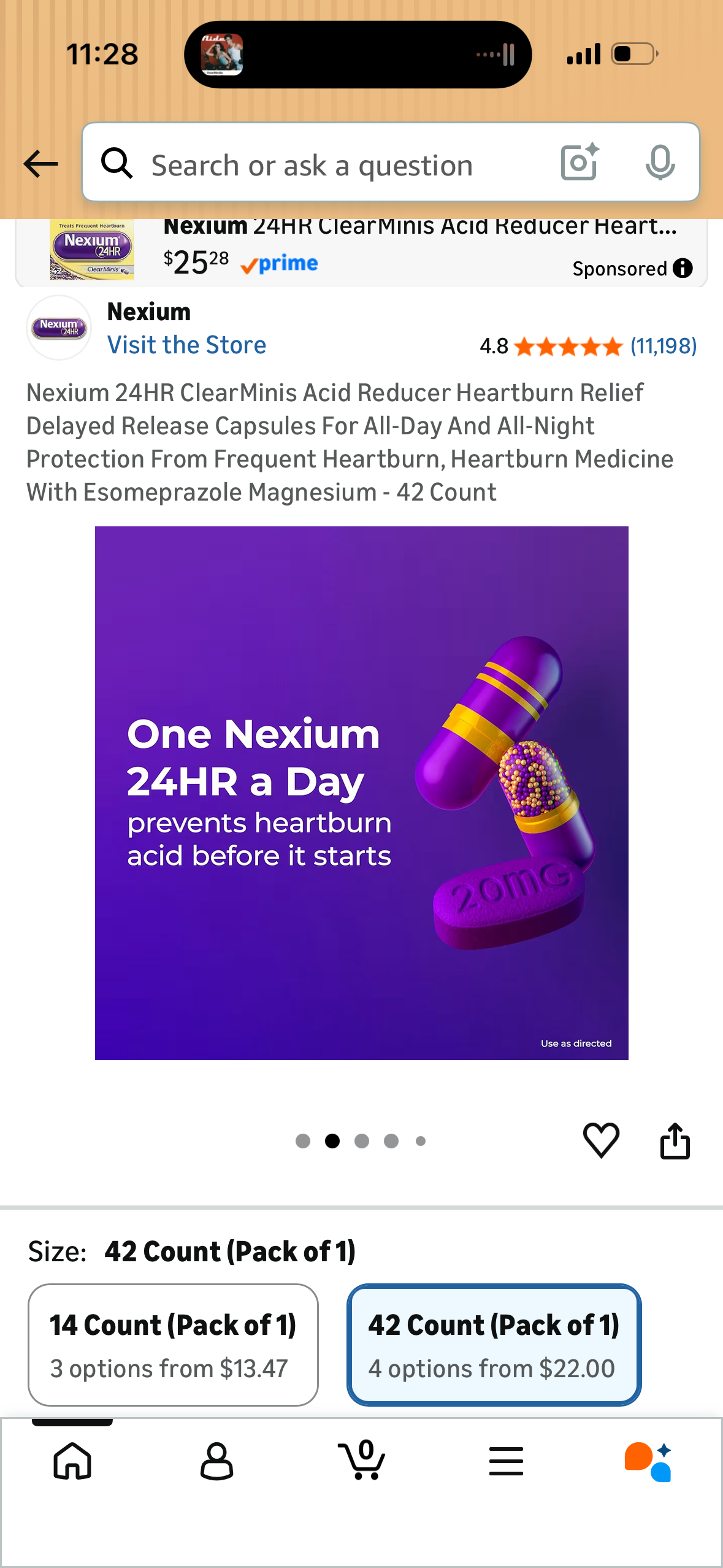 Nexium 24HR ClearMinis Acid Reducer Heartburn Relief Delayed Release Capsules For All-Day And All-Night Protection From Frequent Heartburn, Heartburn Medicine With Esomeprazole Magnesium - 42 Count