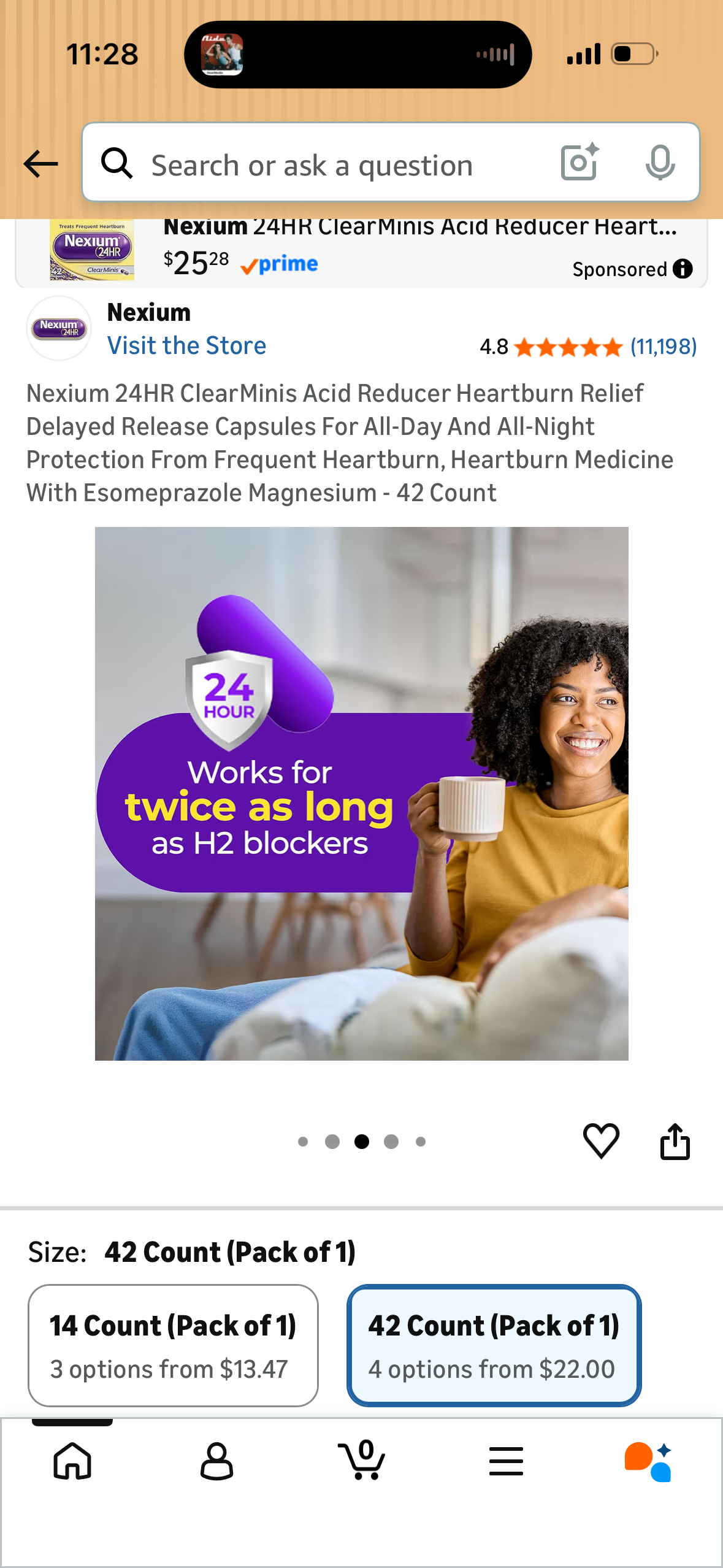 Nexium 24HR ClearMinis Acid Reducer Heartburn Relief Delayed Release Capsules For All-Day And All-Night Protection From Frequent Heartburn, Heartburn Medicine With Esomeprazole Magnesium - 42 Count
