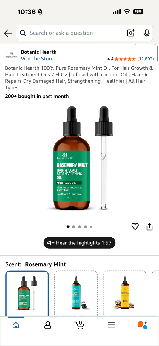 Botanic Hearth 100% Pure Rosemary Mint Oil For Hair Growth & Hair Treatment Oils 2 Fl Oz | Infused with coconut Oil | Hair Oil Repairs Dry Damaged Hair, Strengthening, Healthier | All Hair Types