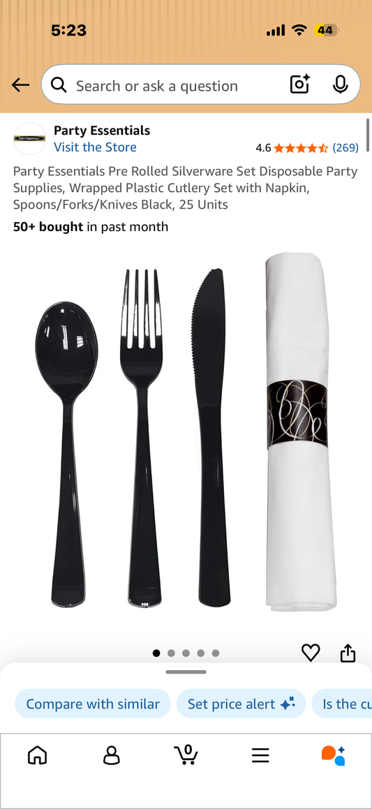 Party Essentials Pre Rolled Silverware Set Disposable Party Supplies, Wrapped Plastic Cutlery Set with Napkin, Spoons/Forks/Knives Black, 25 Units
