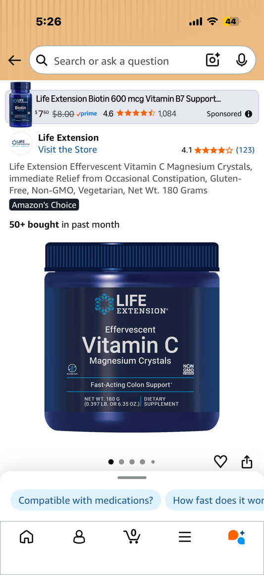 Life Extension Effervescent Vitamin C Magnesium Crystals, immediate Relief from Occasional Constipation, Gluten-Free, Non-GMO, Vegetarian, Net Wt. 180 Grams