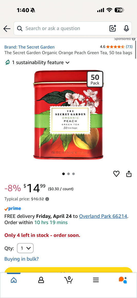 The Secret Garden Organic Orange Peach Green Tea, 50 tea bags (Exp 7/26)