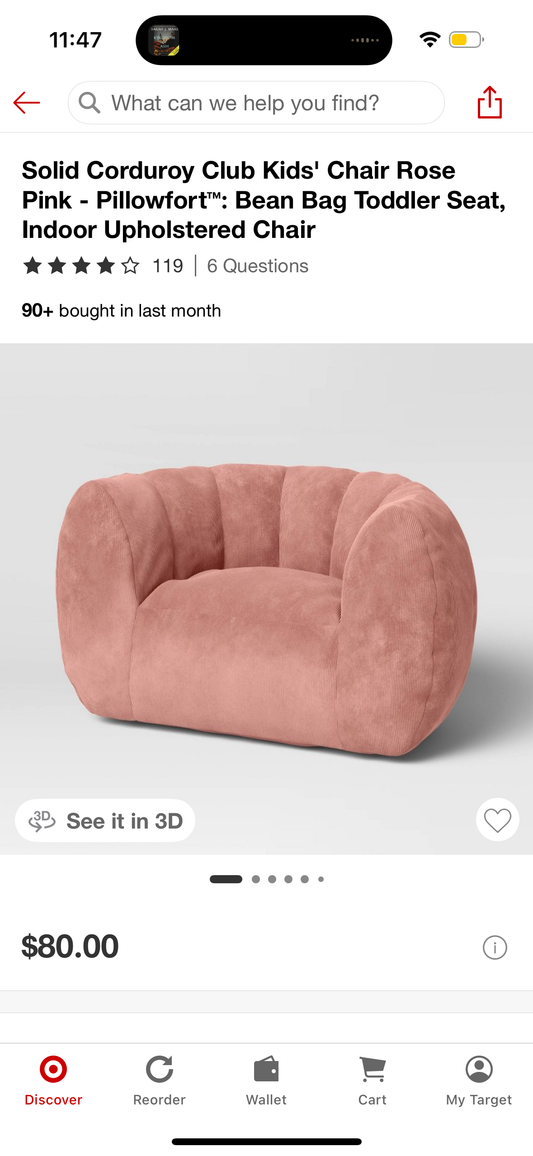 Solid Corduroy Club Kids' Chair Rose Pink - Pillowfort™: Bean Bag Toddler Seat, Indoor Upholstered Chair