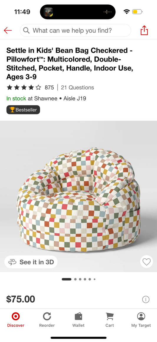 Settle in Kids' Bean Bag Checkered - Pillowfort™: Multicolored, Double-Stitched, Pocket, Handle, Indoor Use, Ages 3-9