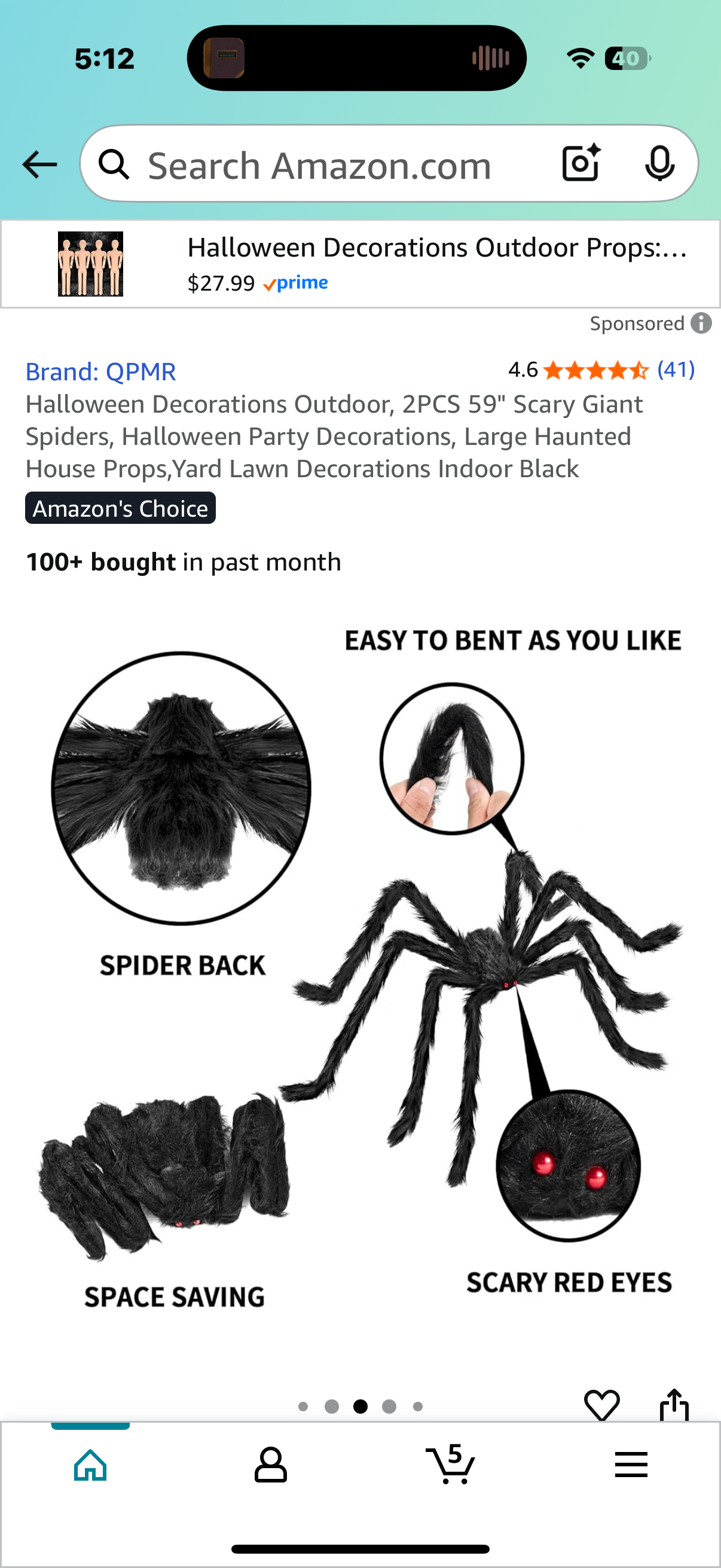 Halloween Decorations Outdoor, 2PCS 59" Scary Giant Spiders, Halloween Party Decorations, Large Haunted House Props,Yard Lawn Decorations Indoor Black