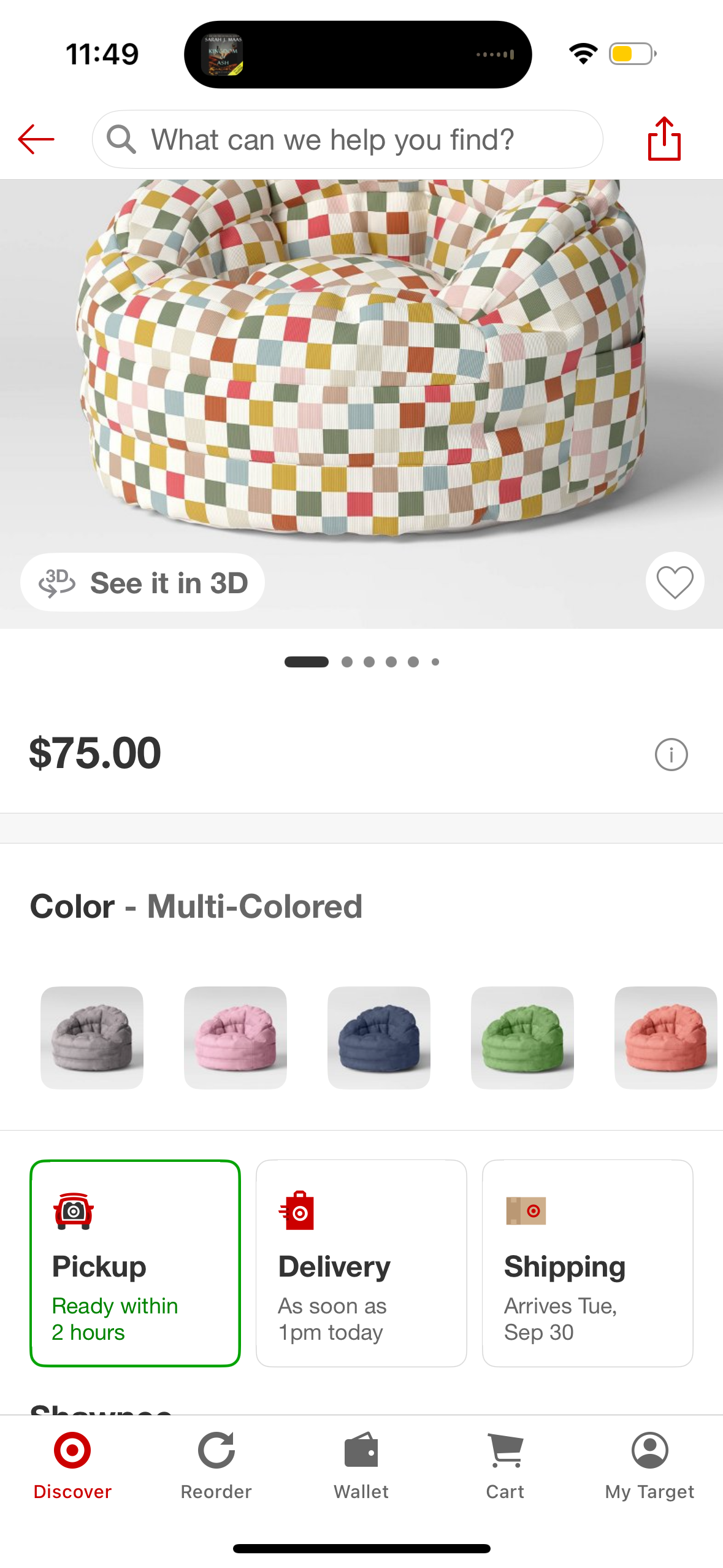 Settle in Kids' Bean Bag Checkered - Pillowfort™: Multicolored, Double-Stitched, Pocket, Handle, Indoor Use, Ages 3-9